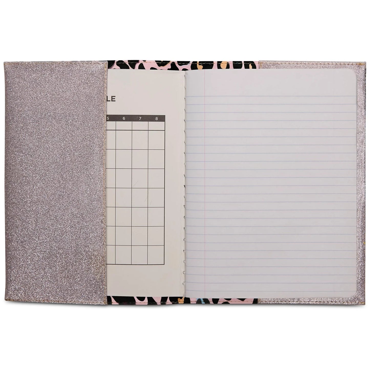 Consuela Notebook, Ruth: pink glittery cover, open with lined page. Available in standard size.