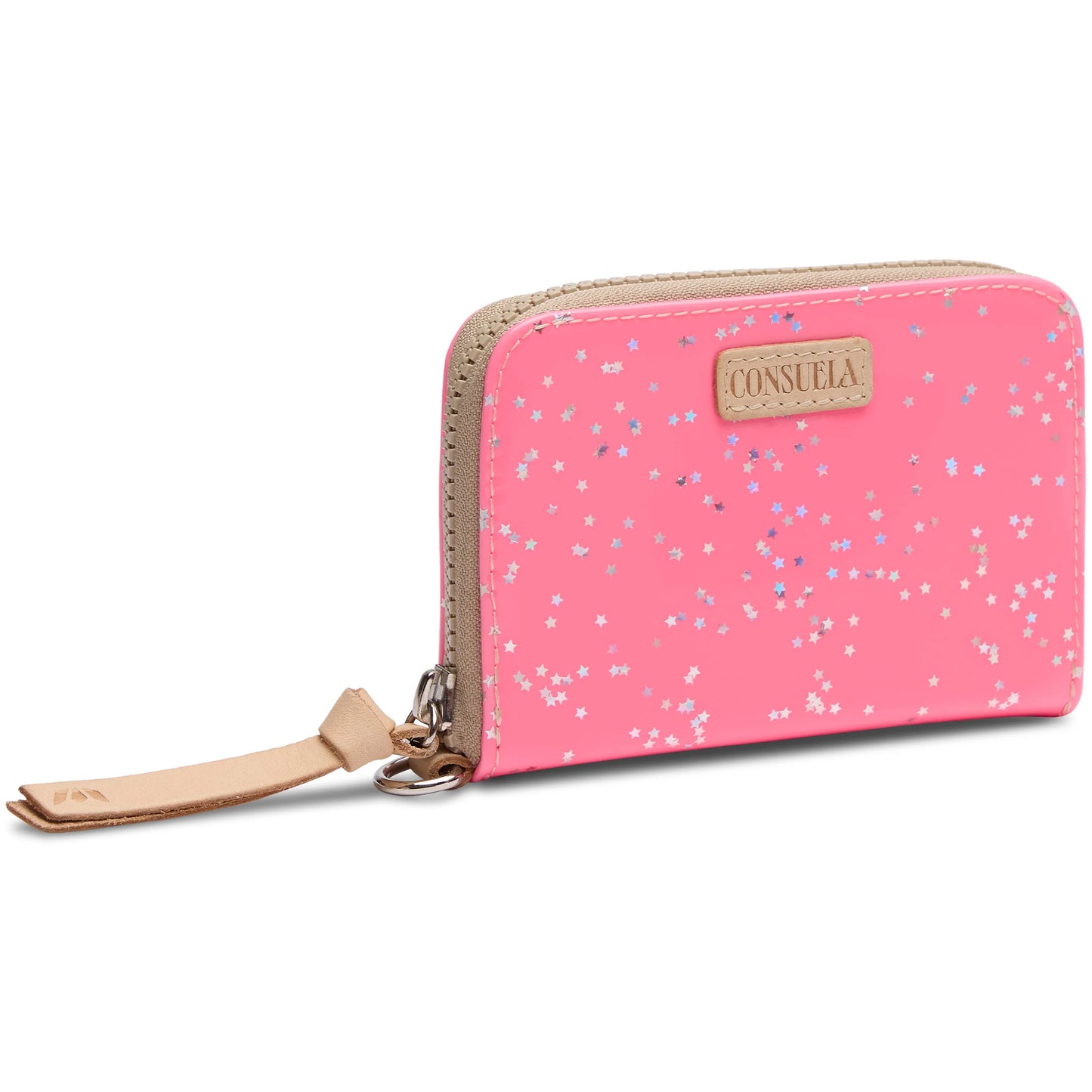 Neon pink patent wallet with beige strap, compact design, silver and white star patterns, and beige Consuela label on front. Sizes available: One size (compact).