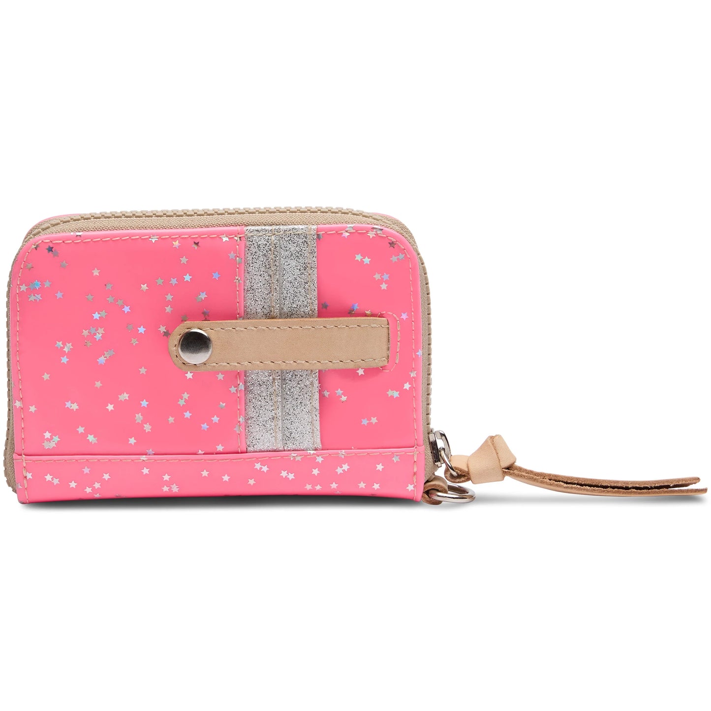 Compact neon pink patent wallet with silver star accents, tan leather trim, silver vertical stripe, and tan strap with metal ring zipper pull. Available in one size: 4.5" x 4" x 0.8".