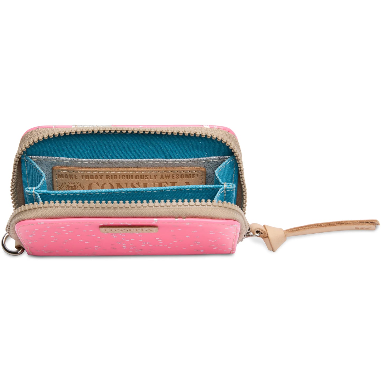 The Zippy Wallet, Shine is a compact neon pink patent wallet with white speckles, a beige zipper, and a leather pull tab. The blue interior has card slots. Available size: One size.
