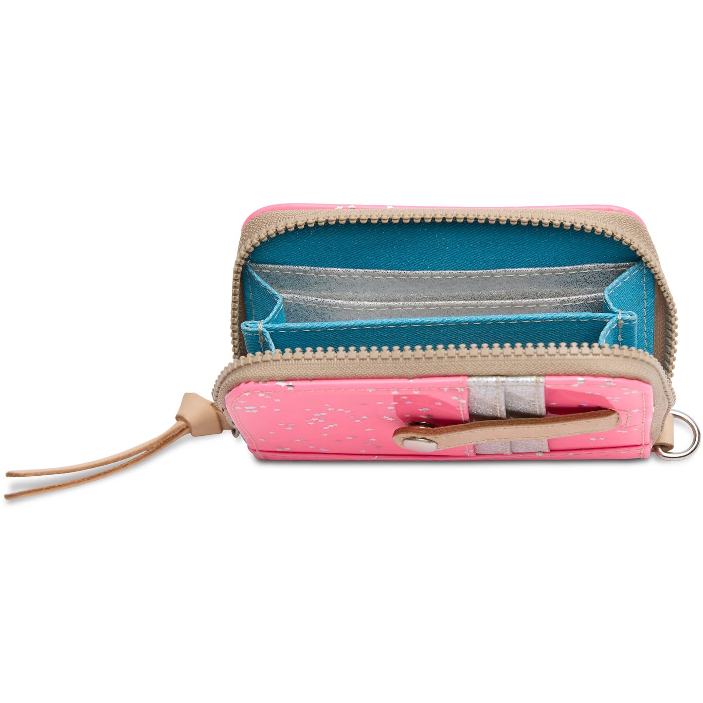 The Zippy Wallet, Shine: Compact neon pink patent wallet with tan zipper and pull tab, blue and silver interior compartments, card slots, and a side keyring. Available sizes: One size.