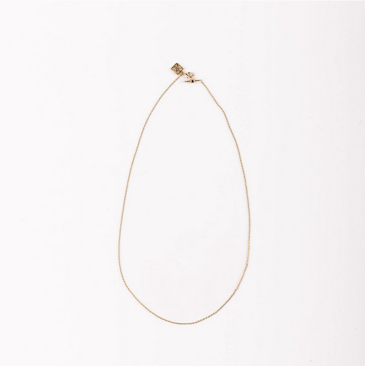 Delicate chain necklace with a small clasp and square pendant. Available in 16", 18", and 20" lengths.