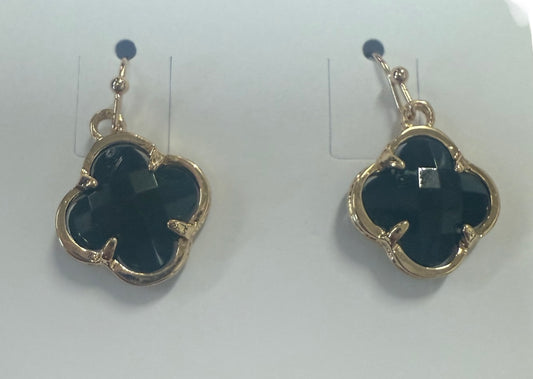 Puma Earrings: gold trim, black four-leaf clover with dark faceted stones, hook style. Sizes available: S, M, L.