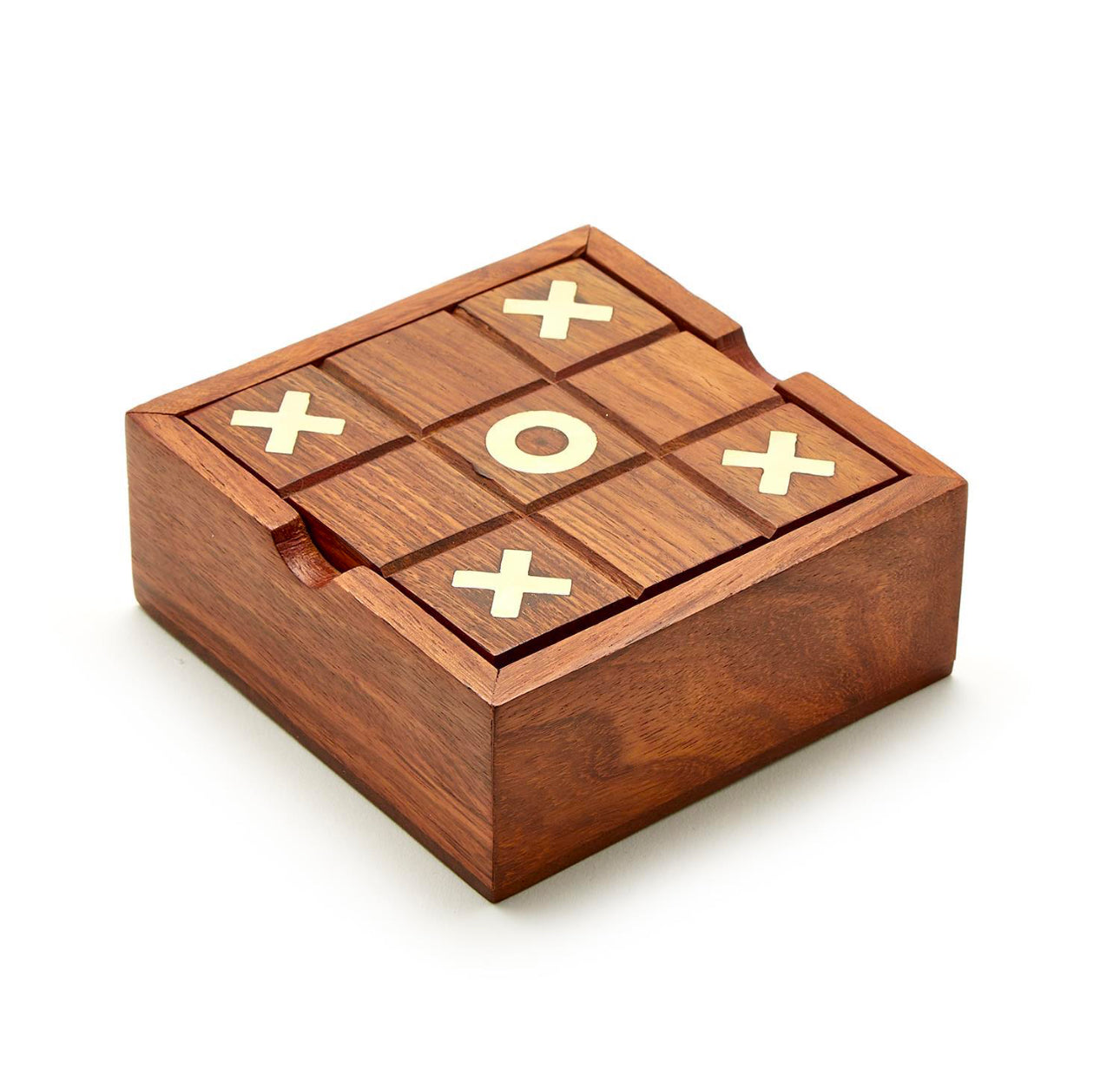 Acacia wood box with tic-tac-toe grid and X/O pieces; doubles as solitaire set. Sizes available: small, medium, large.