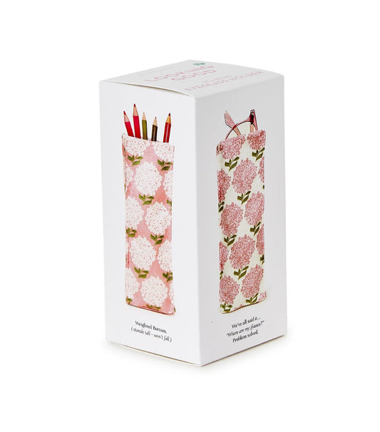 Pink Hydrangea Eyeglass Holder: white rectangular box with pink hydrangea designs and printed text. Sizes available.