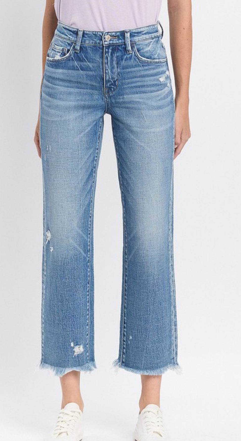 Periwinkle High Rise Frayed Hem Straight Jeans in comfort stretch denim, slight distressing, frayed hems. Sizes 24–32.