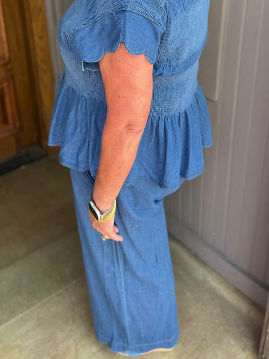 Blaire Chambray Scallop Wide Leg Pants, available in sizes XS–XL.