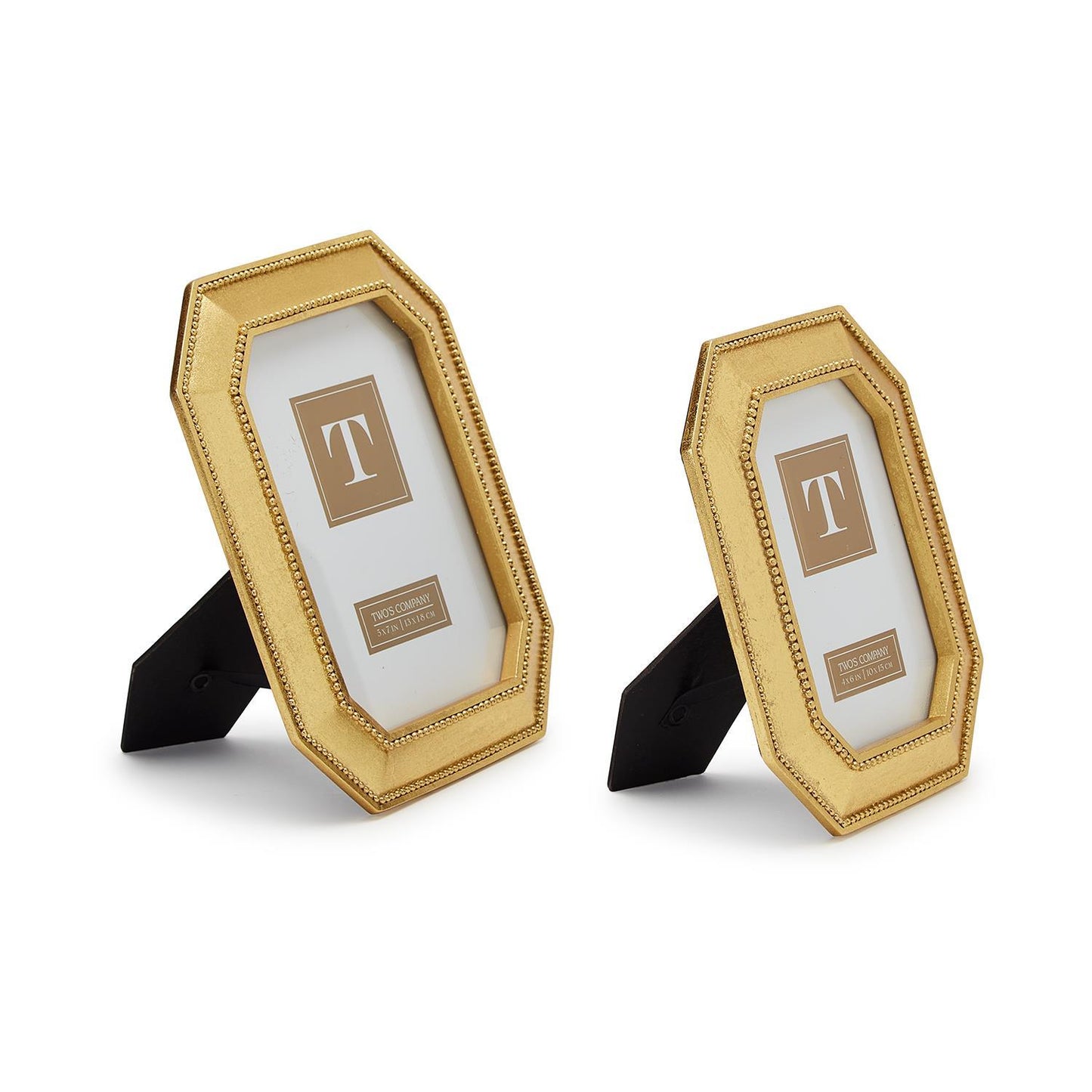 Gold photo frames with beaded edges, classic design; available in 4x6 and 5x7 sizes.