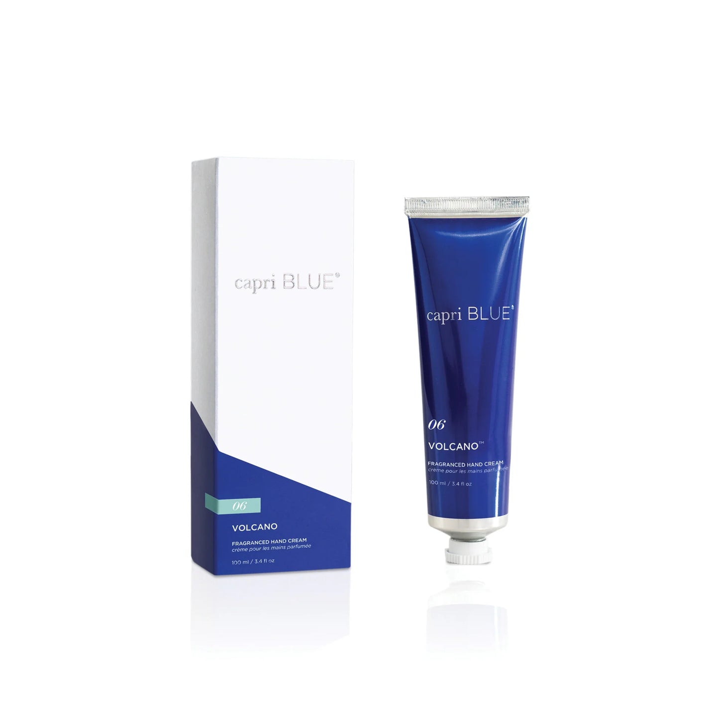 Blue tube labeled "Volcano Hand Cream | Capri Blue." Available in 3 oz and 8 oz sizes. Moisturizing, hydrating formula.