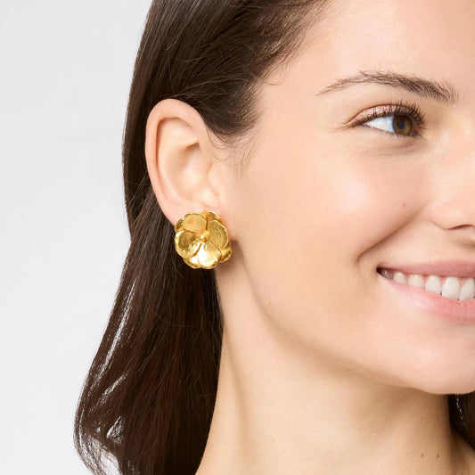 Large Bloom Statement Stud Earring shown on ear. Available in small, medium, and large sizes.