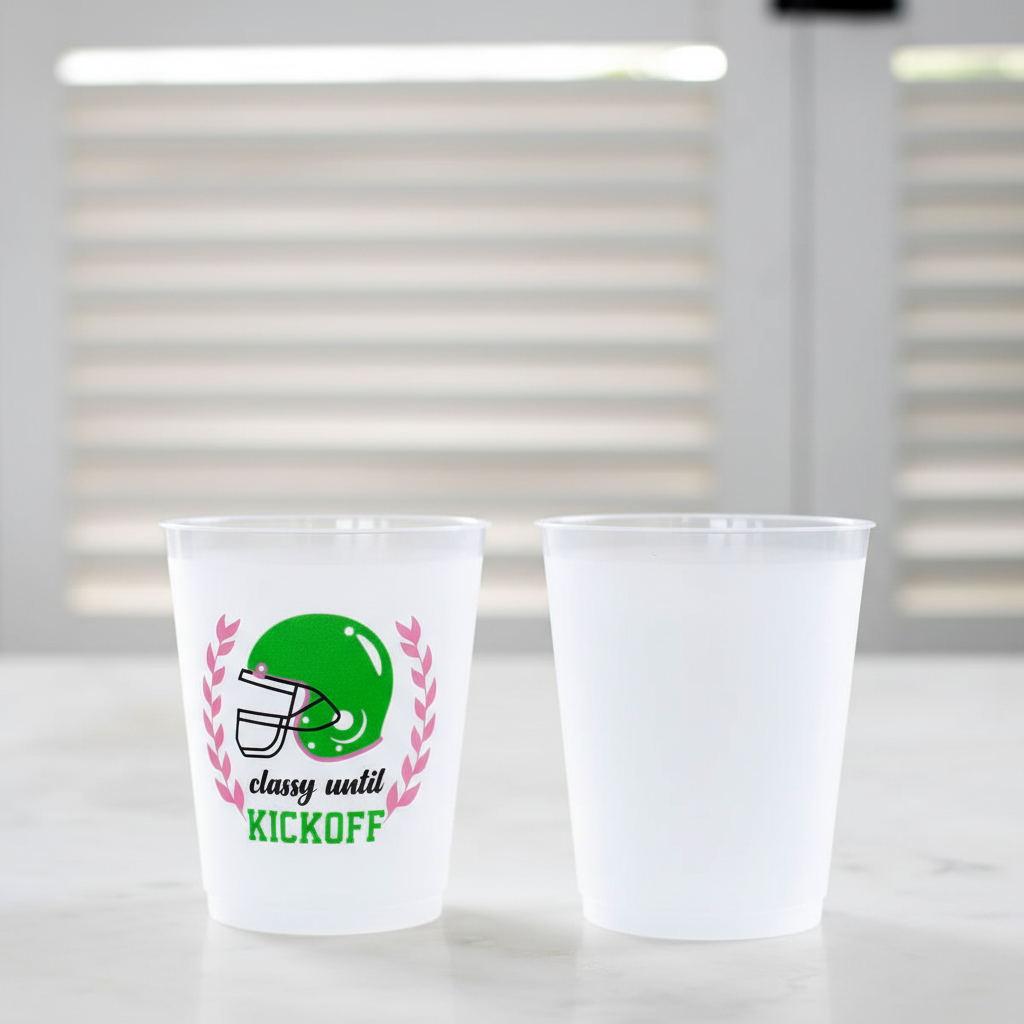 Classy Until Kickoff Party Cup: clear plastic, green helmet, pink laurel, "classy until KICKOFF." Available in multiple sizes.