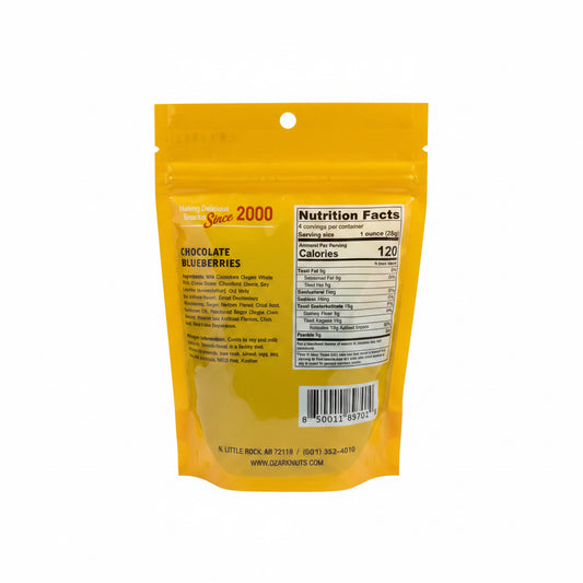 Resealable yellow bag labeled "Chocolate Blueberries," containing chocolate-covered dried blueberries. Packaging includes nutrition facts, contact info, and kosher certification. Sizes available: 4 oz, 8 oz, 16 oz.