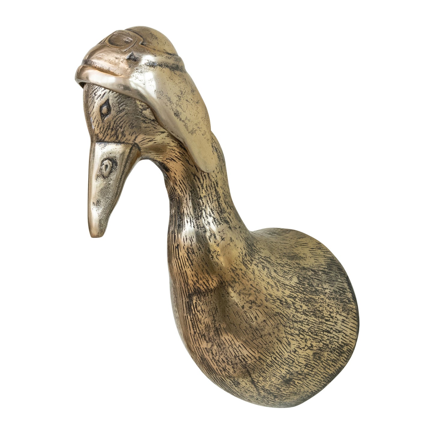 Cast aluminum duck head sculpture with aviator helmet, antique brass finish. Available in 12", 18", and 24" sizes.