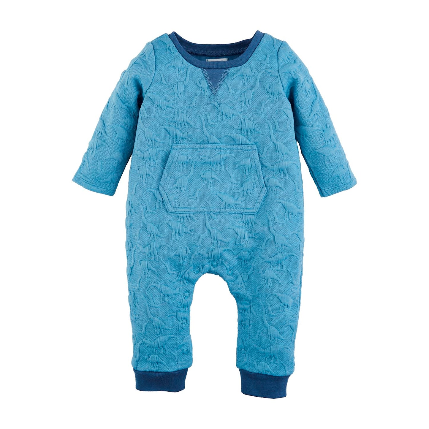 Blue quilted Dino one-piece sleeper with dark blue cuffs, dinosaur pattern, hand warmer pocket. Sizes: NB-24M.