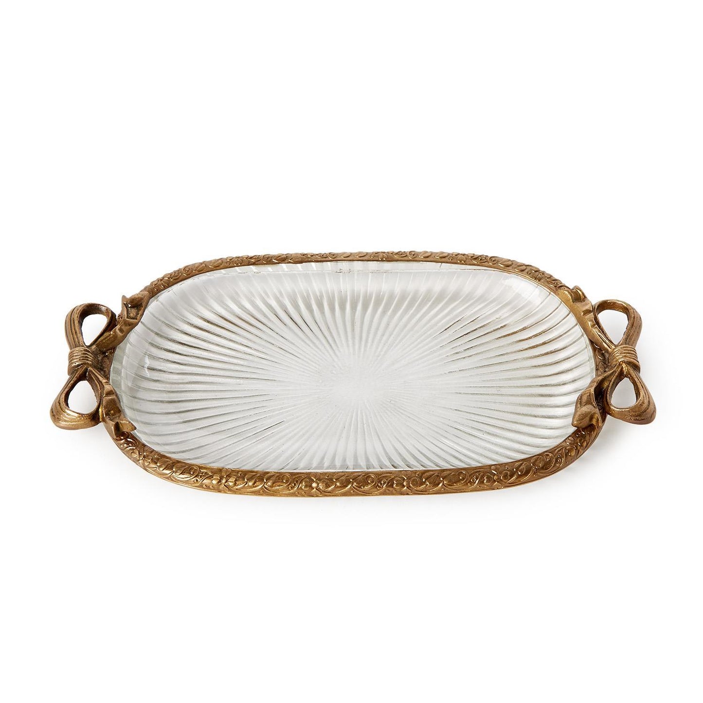 Antique gold finish glass vanity tray with sunburst design, bow handles, and ornate frame. Sizes: Small, Medium, Large.