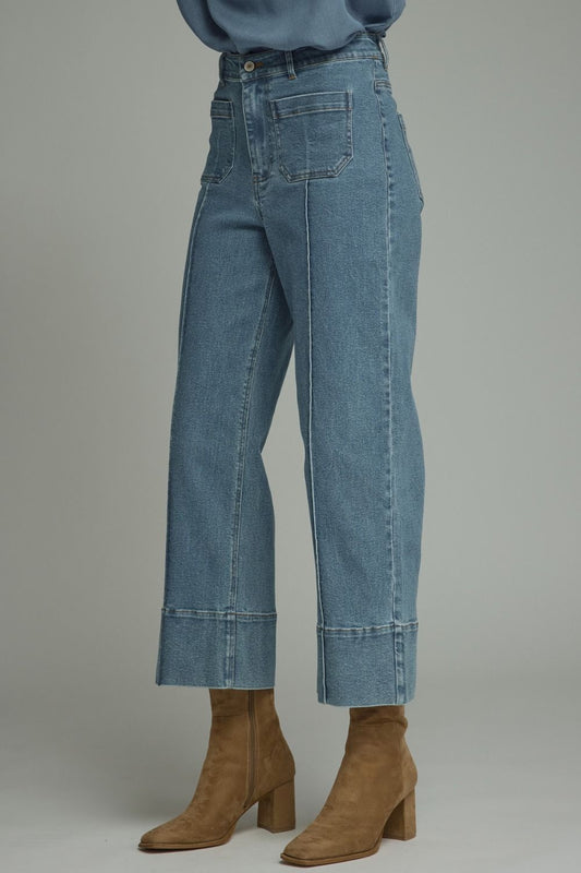 Straight Leg Denim high-rise cropped blue jeans, available in sizes 24–32.
