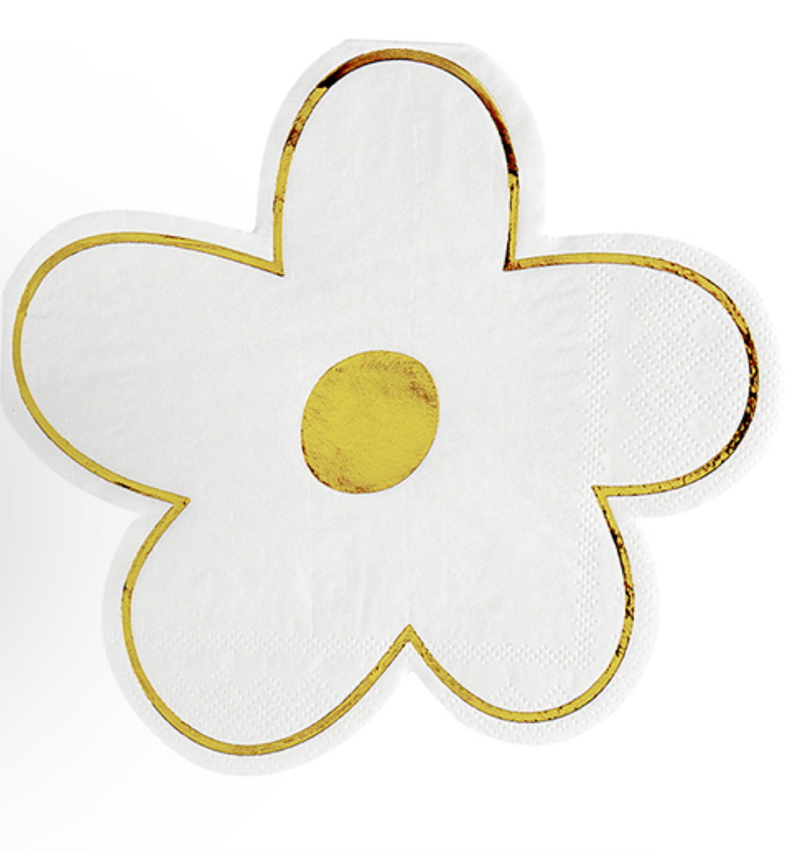 Whimsical white napkin in the shape of a five-petaled flower, outlined in gold with a golden center. Available sizes: Standard (one size fits all).