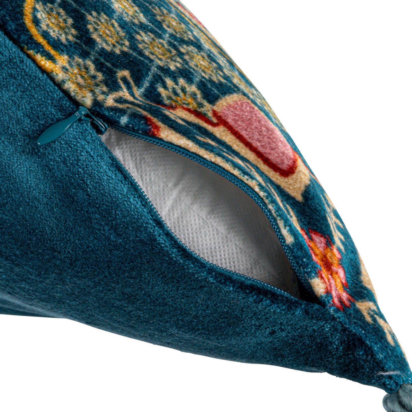 20" square cotton blend velvet pillow with vintage carpet print, blue zipper, floral blue cover. Size: 20"x20".