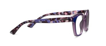 Rectangular purple/purple quartz eyeglasses with purple-black pattern, anti-reflective lenses. Sizes: S, M, L.
