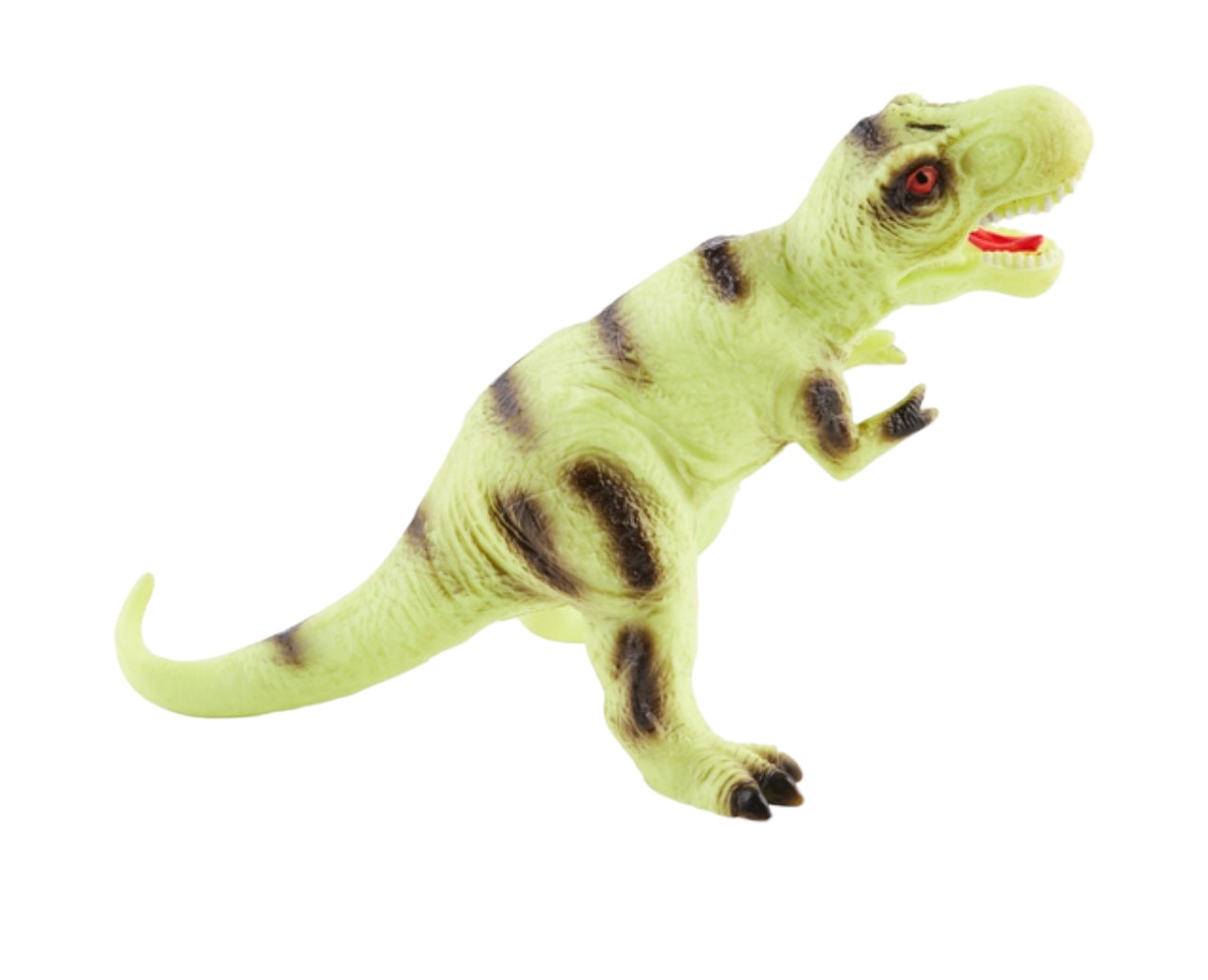 Dino Toys With Sound" – Small plastic T-Rex figurine in light green with darker green stripes, roaring mouth with red details, raised arms, powerful legs, and long tail. Available sizes: Small, Medium.
