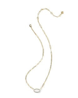 Elisa Enamel Frame Gold Paperclip Necklace with elongated gold links and oval clear gemstone pendant. Sizes: 16”, 18”.
