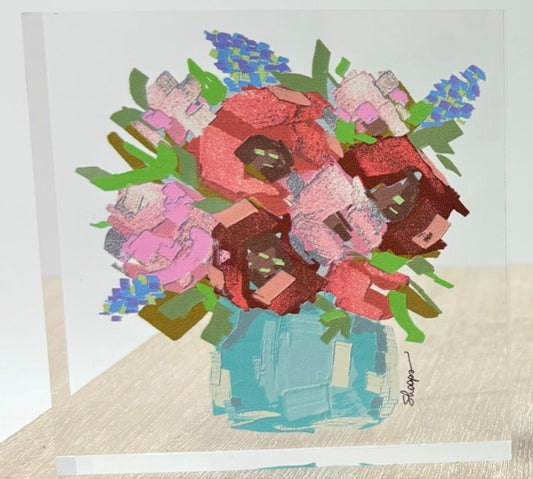 Flowers in Vase Acrylic Block Sign: Abstract flower bouquet with red, pink, and purple blooms in a light blue vase. Available sizes: 4x6 inches, 5x7 inches.