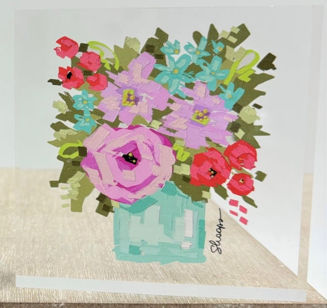 Flowers in Vase Acrylic Block Sign: Vivid illustration of pink, red, and blue flowers in a light turquoise vase with green leaves. Available Sizes: 4x6 inches, 5x7 inches.