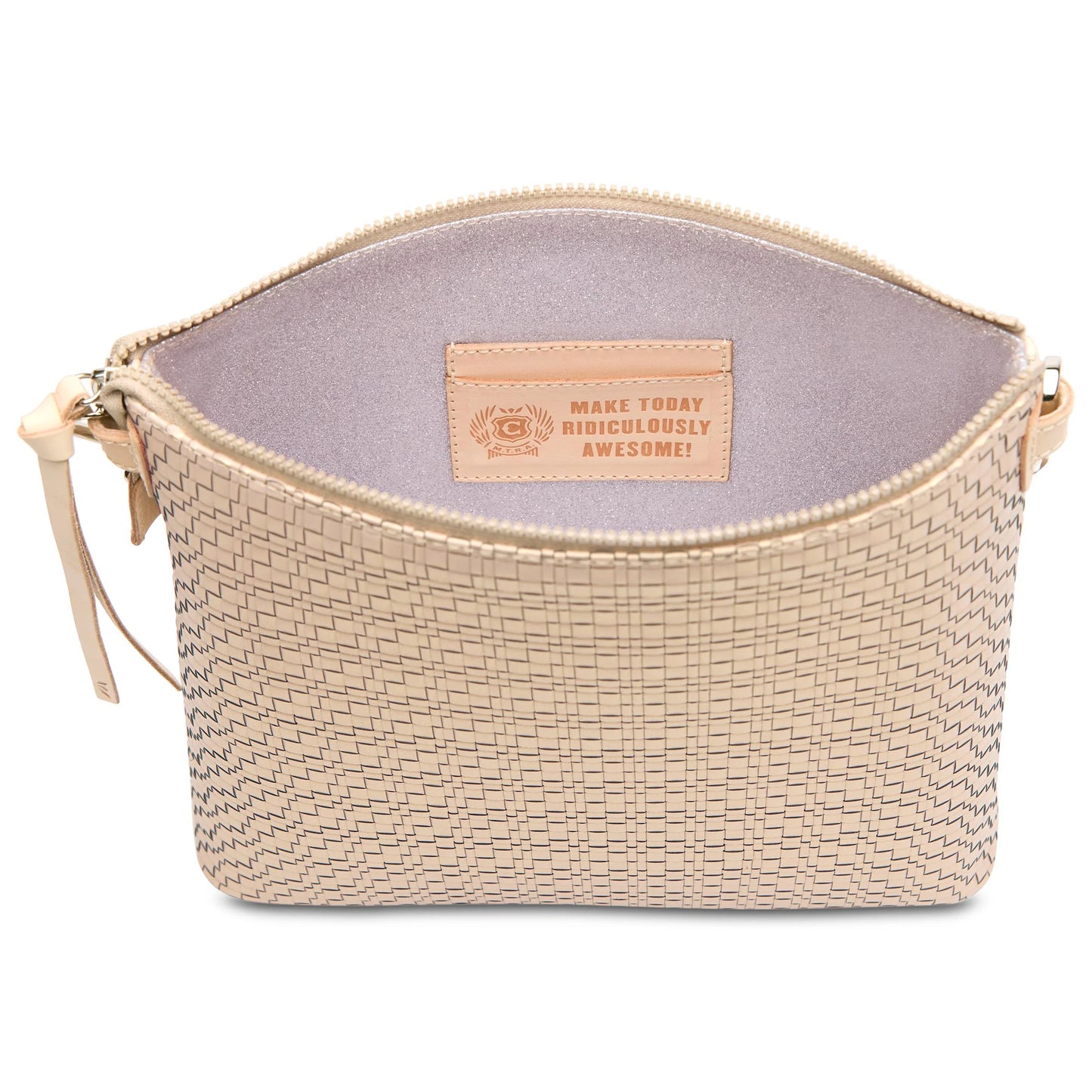 The Downtown Crossbody, Pearl is a beige woven zippered pouch with a textured exterior, light interior, and an interior stitched leather tag inscribed "MAKE TODAY RIDICULOUSLY AWESOME!" Available in sizes: small and large.