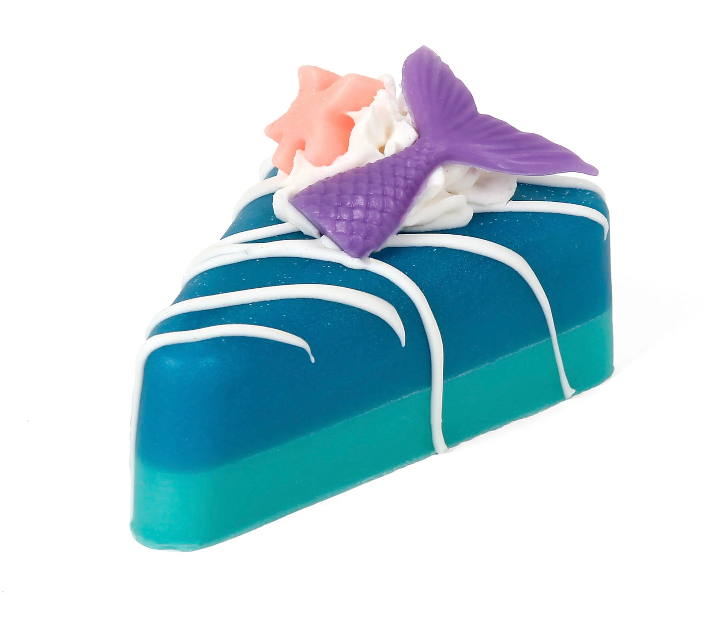 Blue, slice-shaped soap with purple mermaid tail, pink starfish, white swirls. Available in small and large sizes.