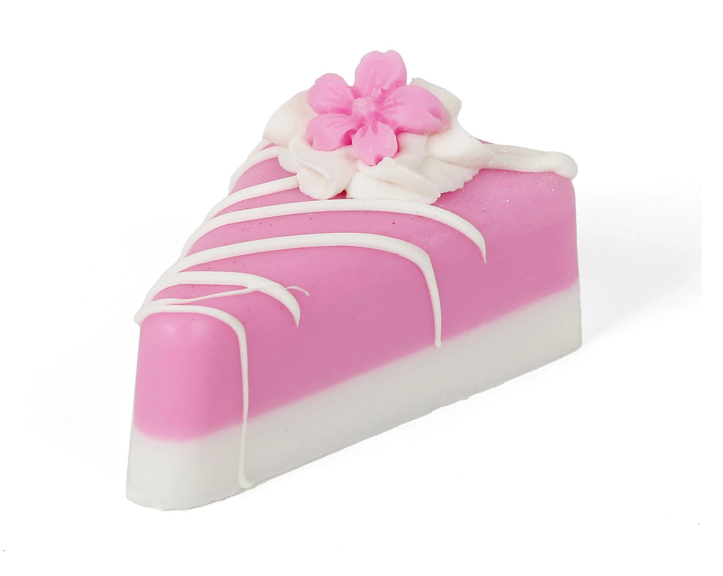 Pink and white cake slice soap with white icing drizzle, frosting, and pink flowers. Available in 2 oz, 4 oz, and 6 oz sizes.
