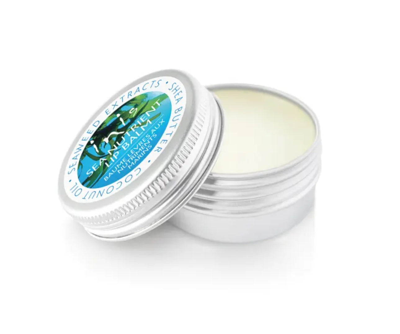 A small, round, silver tin container with an open lid displays a light-colored balm inside. The lid features a blue label with text and graphics, including the words "Shea Butter," "Coconut Oil," and the refreshing touch of Inis Fragrances of Ireland unisex fragrance. Available sizes: Small (30ml), Medium (50ml), Large (100ml).