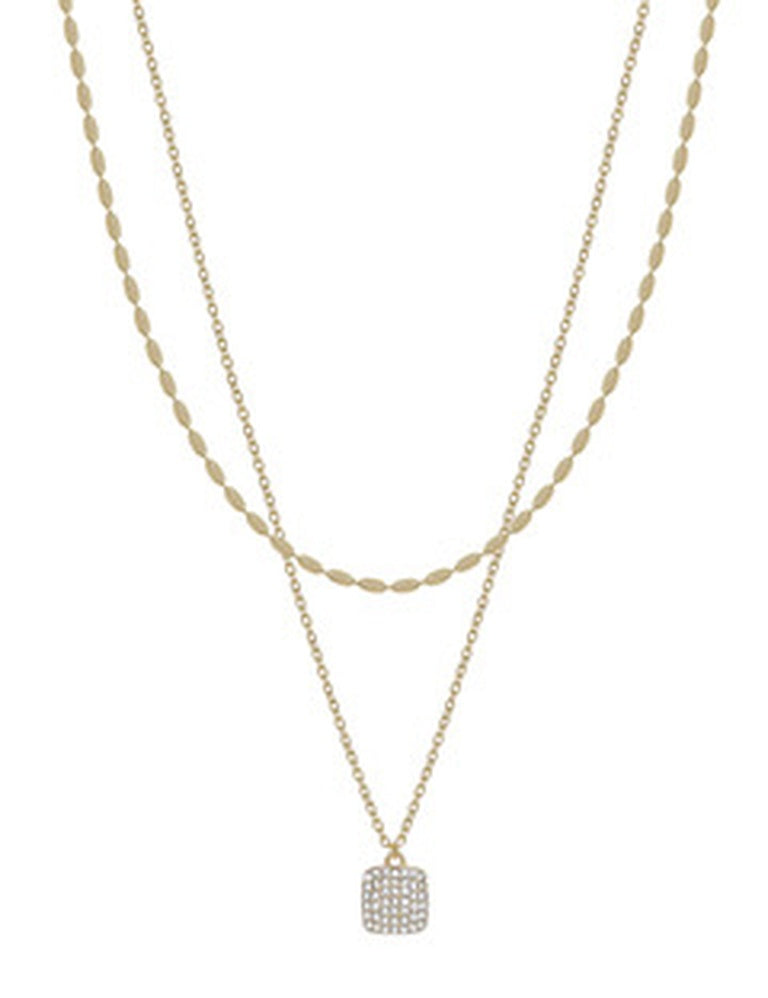 Gold double chain necklace with small oval beads and a crystal pendant. Sizes available: S, M, L.