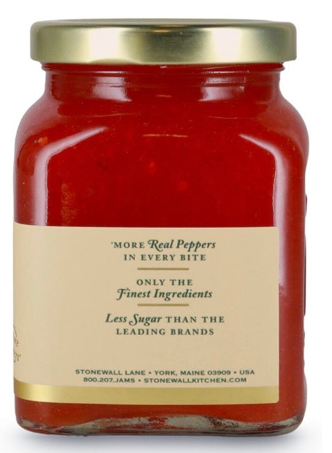 Glass jar with gold lid containing vibrant red Stonewall Kitchen Reserve Red Pepper Jelly. Available in 12.5 oz size.
