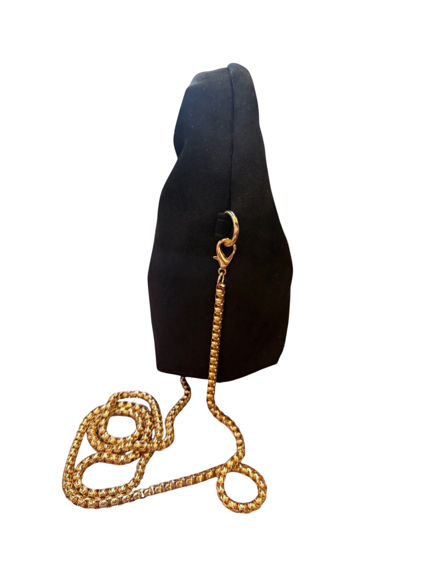 The London Suede Purse: modern black suede handbag with gold chain strap, available in small, medium, and large sizes.