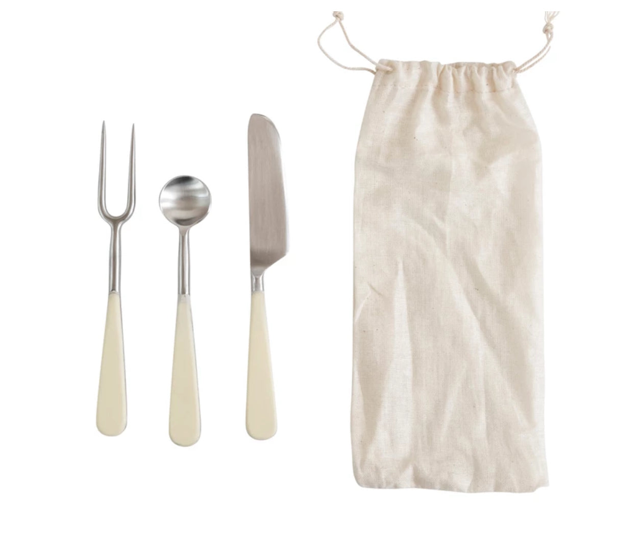 Stainless steel fork, spoon, knife with white resin handles; comes with beige drawstring pouch. Sizes: small, medium, large.