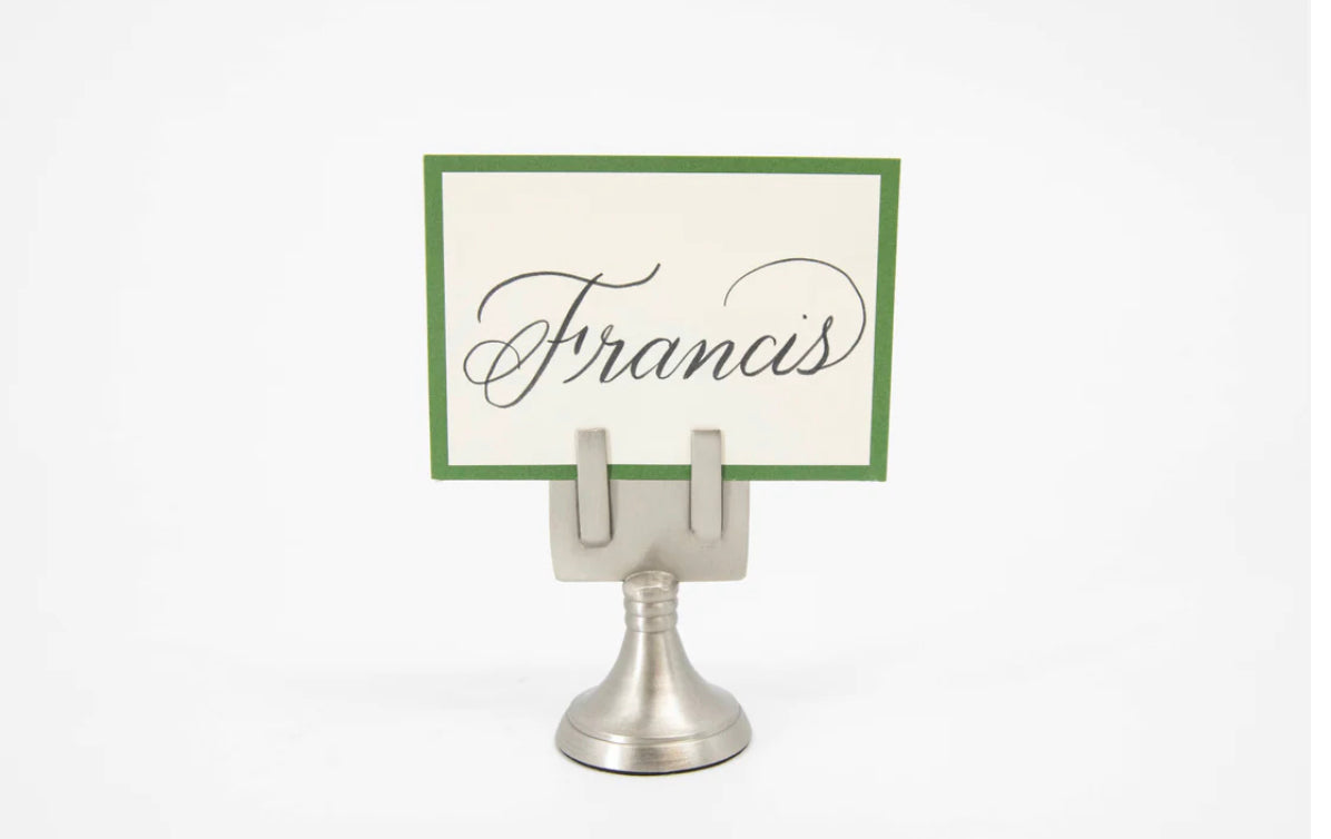 Place Card Holder with a green-bordered card reading "Francis" in script. Available sizes: small, medium, large.
