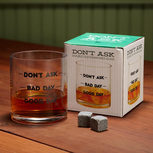 The Don't Ask Double Old Fashion Glass has witty text labels; available in 12oz size.
