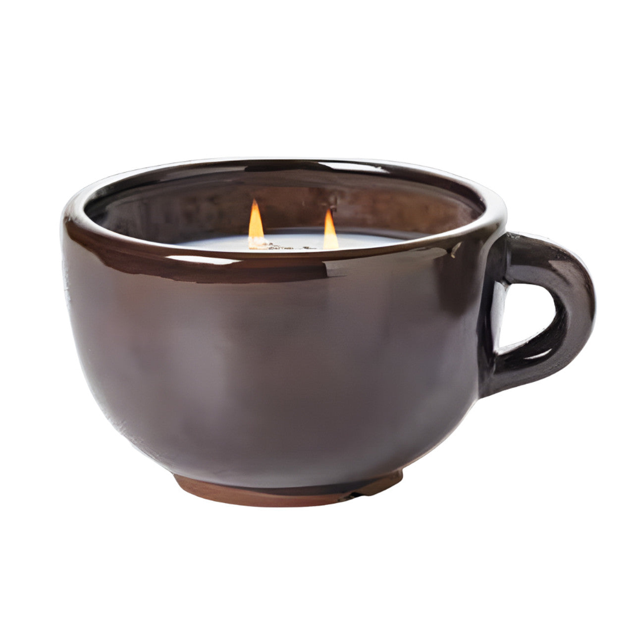 Large pottery candle holder shaped like a coffee cup with handle, two flames, lit soy wax. Size: Large only.