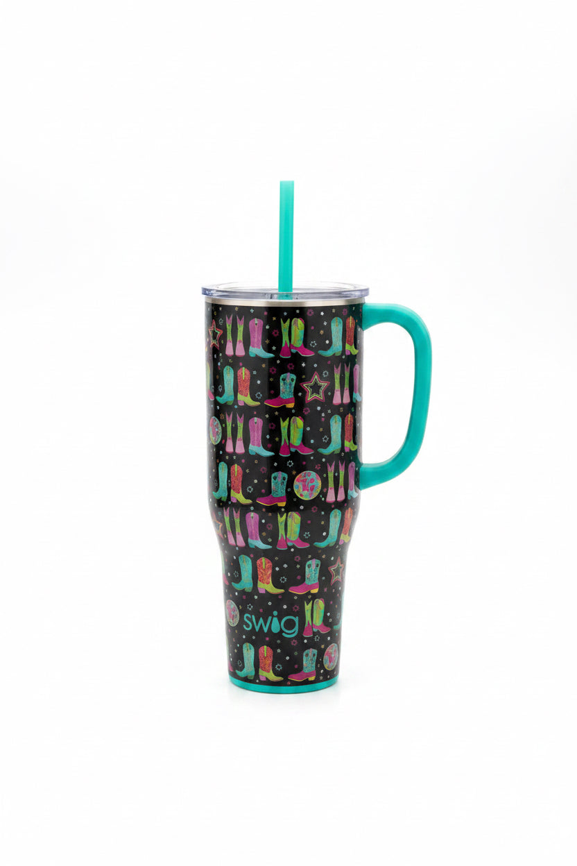40oz Cowboy tumbler with handle, festive cat print on black, teal lid, matching straw, Swig branding.