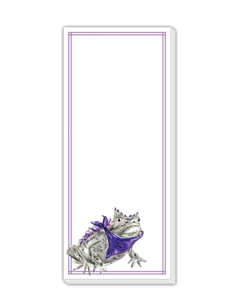 Skinny Notepads with double purple border, horned frog in bandana bottom left. Blank sheets. Made in USA. Sizes: 3"x8", 4"x10".