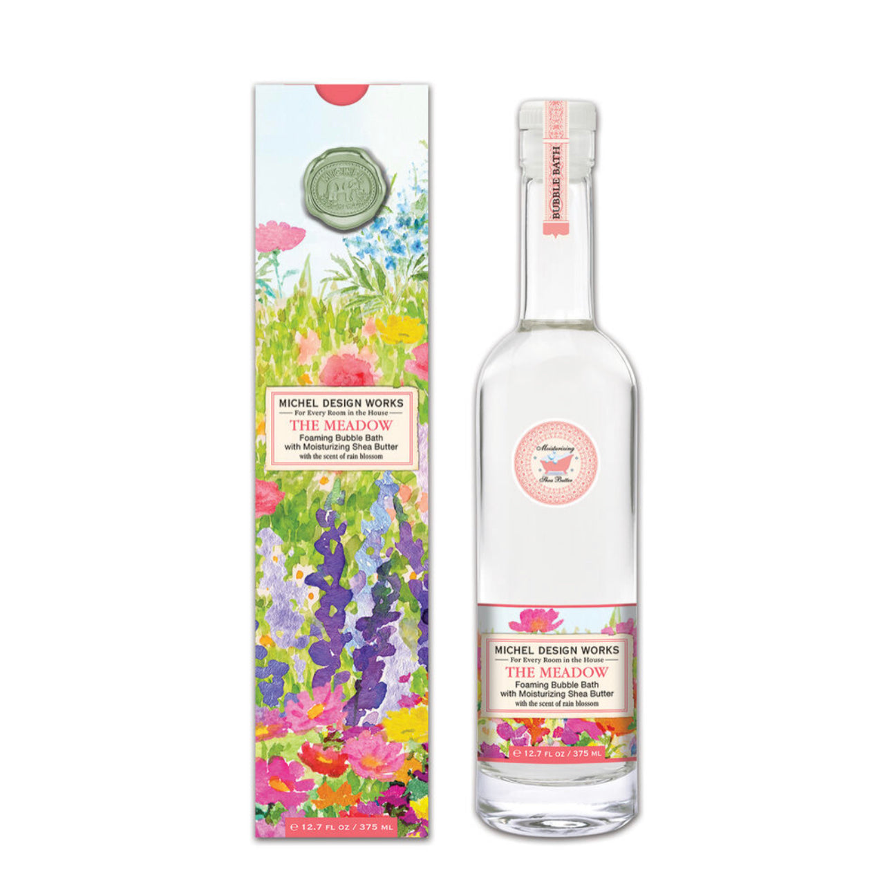 A Foaming Bubble Bath The Meadow hand sanitizer bottle, decorated with vibrant Floral Meadow artwork in various colors. Available in multiple sizes.