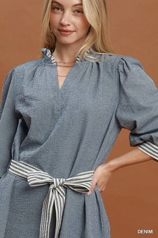Contrast Tie Waist Mini Dress in blue with striped contrast details, puffed sleeves, subtle v-neckline, A-line silhouette, and matching striped waist belt. Available in sizes XS-XL.