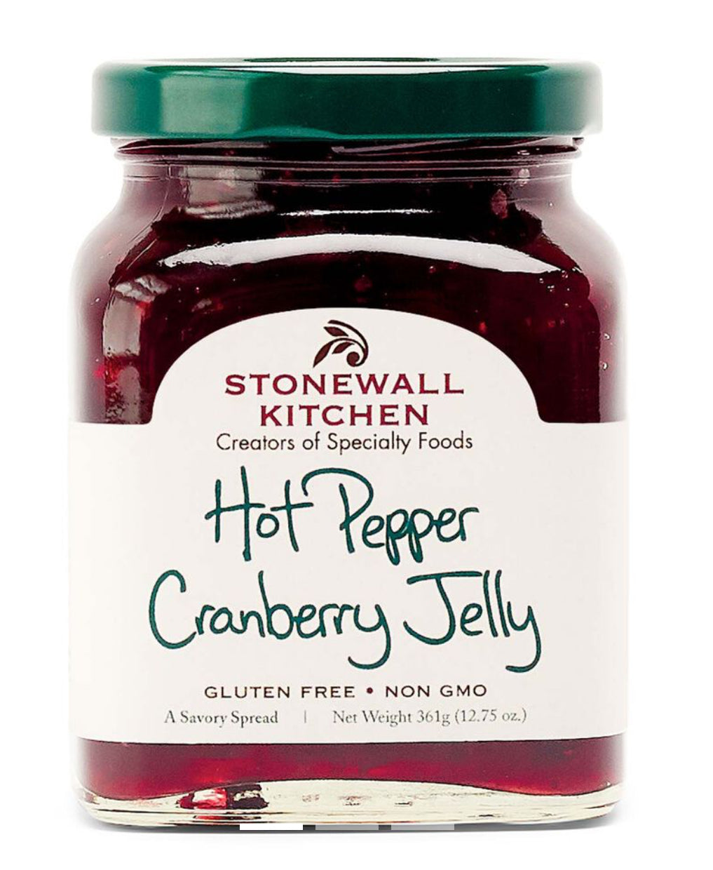 Gluten-free, non-GMO Red Pepper Jelly. Net weight: 361g (12.75oz). Green lid.