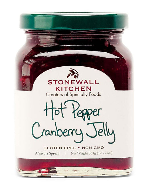 Gluten-free, non-GMO Red Pepper Jelly. Net weight: 361g (12.75oz). Green lid.