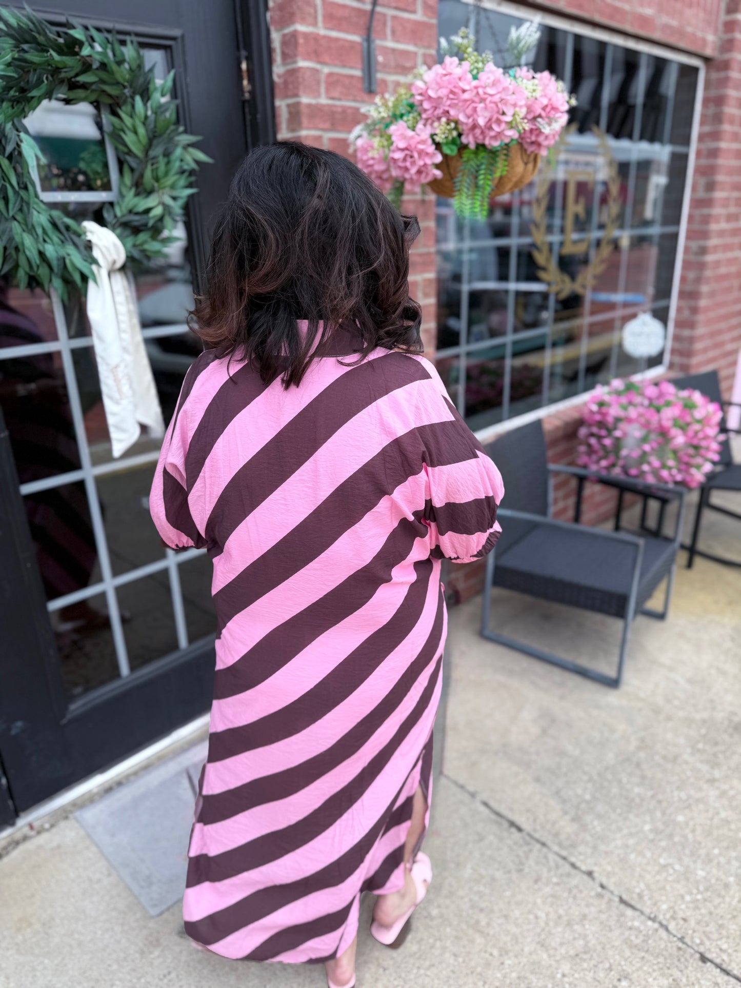 Rosewood Stripe Midi Dress with convenient pockets; available in sizes XS–XL.