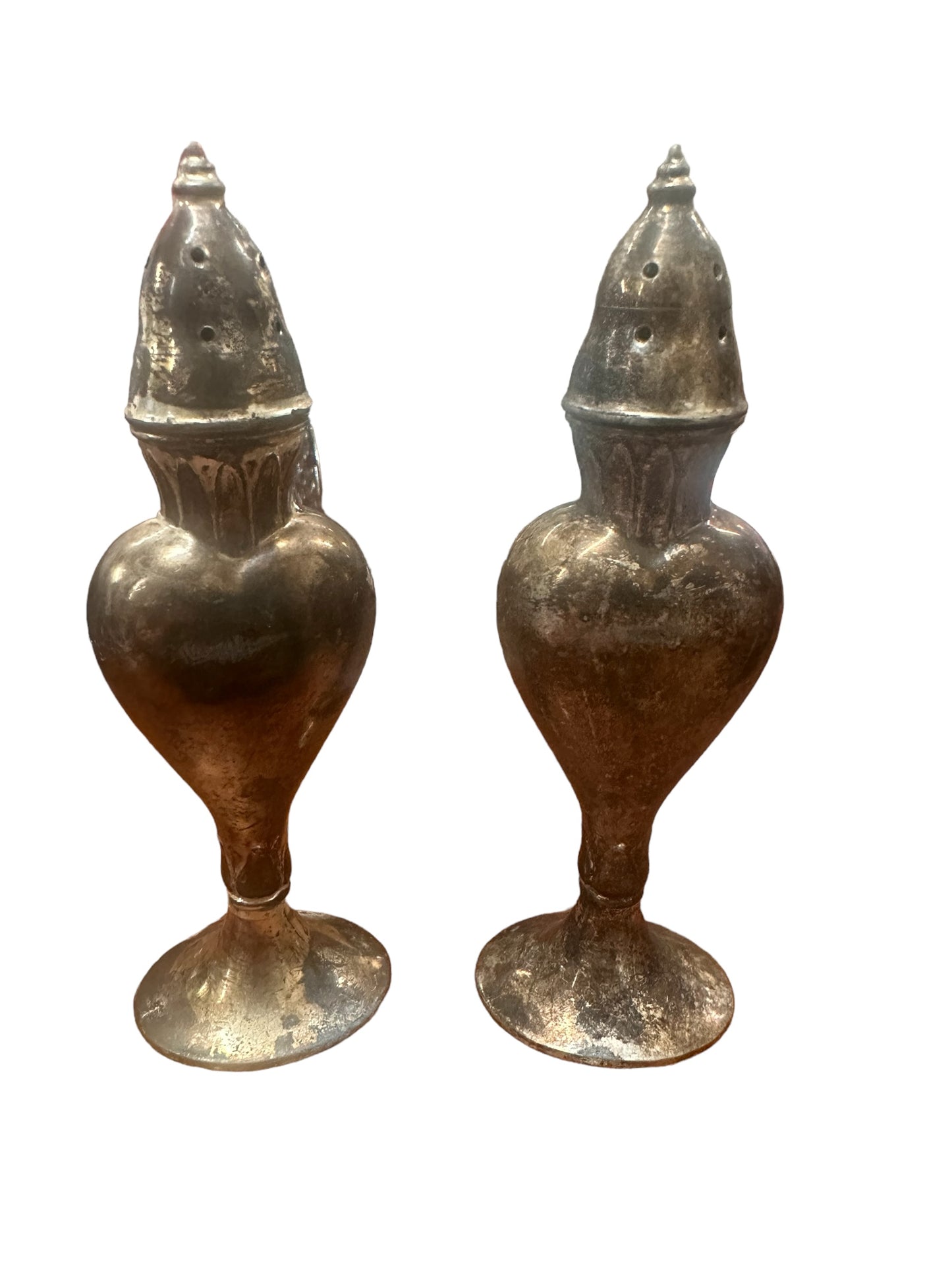 silver salt, and pepper shakers with made in America and number 832 on the bottom France are EG approximately 4 inches tall heart-shaped to a pointed top