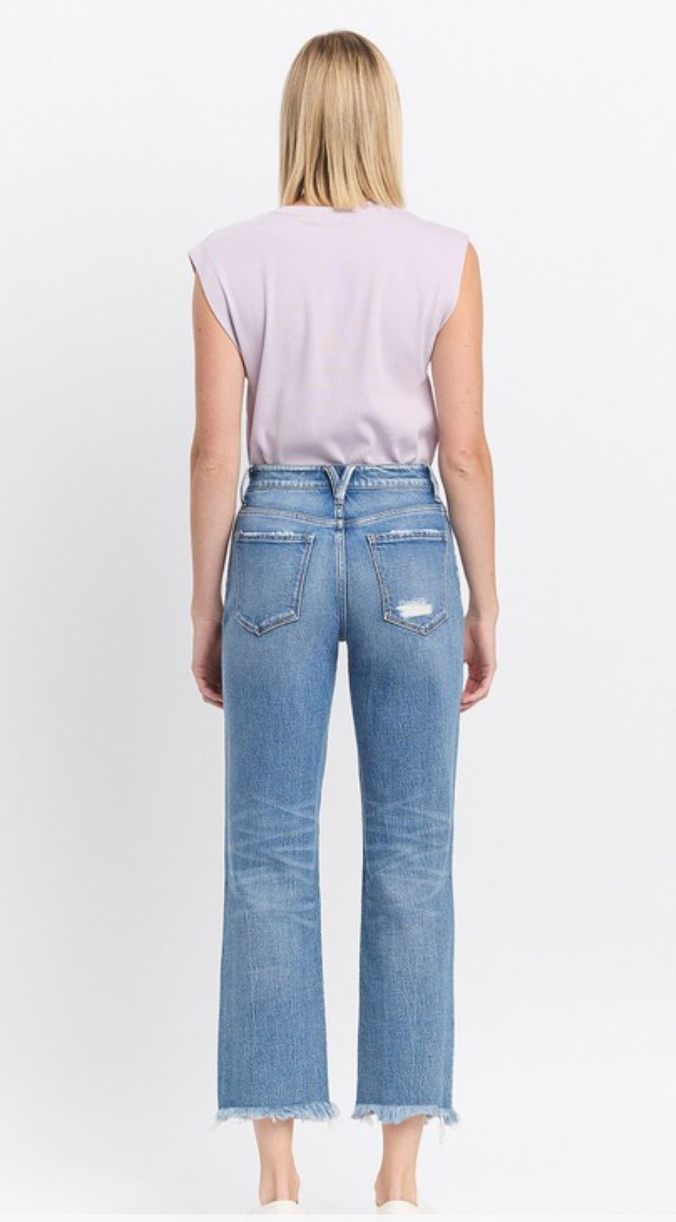 Periwinkle High Rise Frayed Hem Straight Jeans with frayed hem. Available in sizes 24–32.