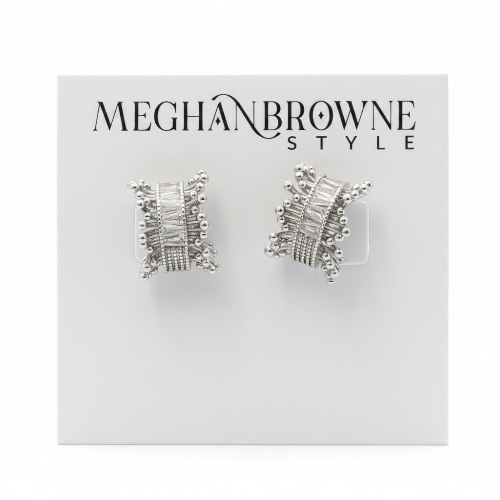 Nyra Silver Earrings with layered silver design, intricate geometric patterns, and beaded details. Sizes available: not specified.
