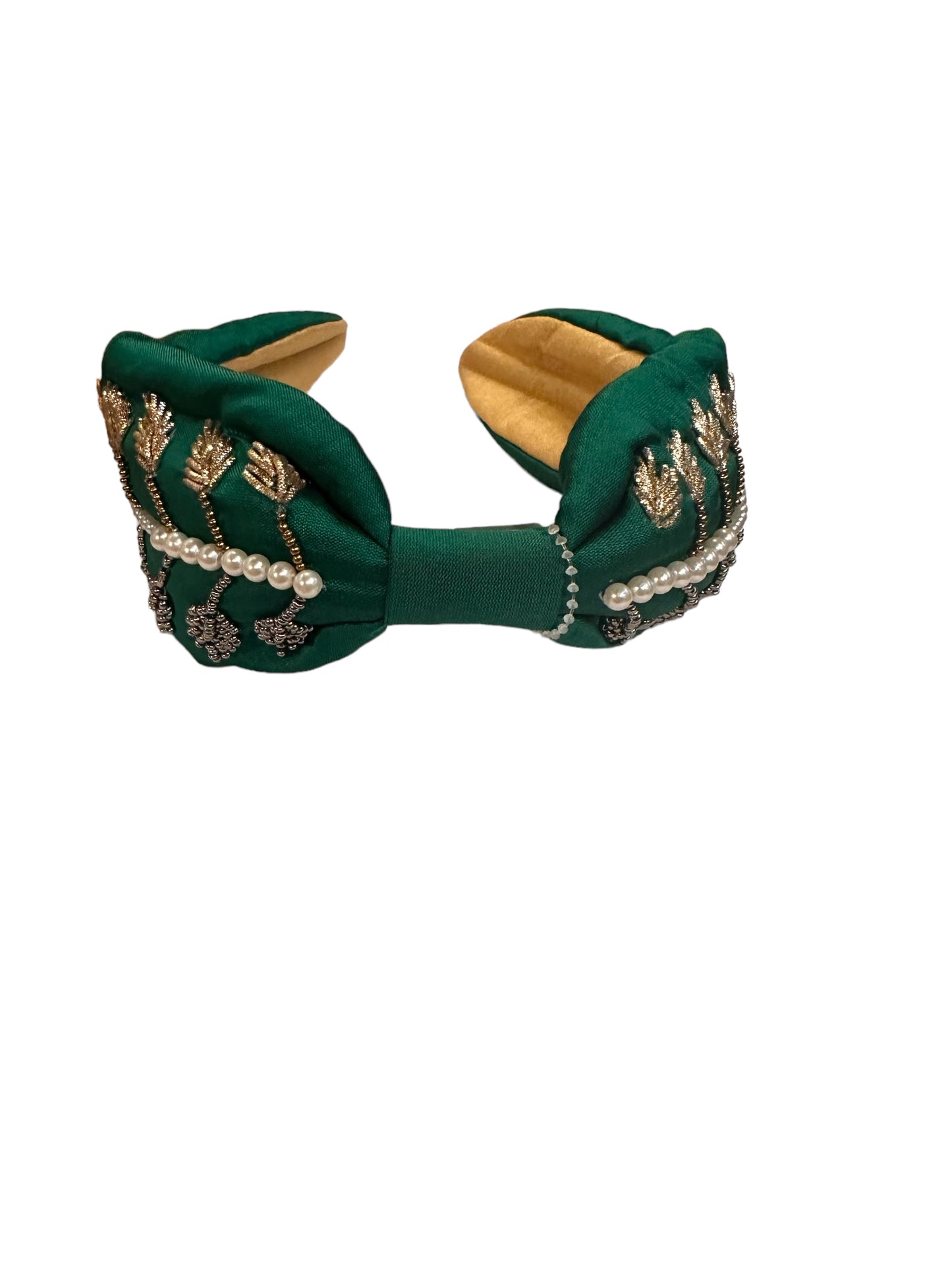 Green padded satin headband with gold/silver leaf embroidery, pearl accents, rhinestones. Sizes: S/M/L.