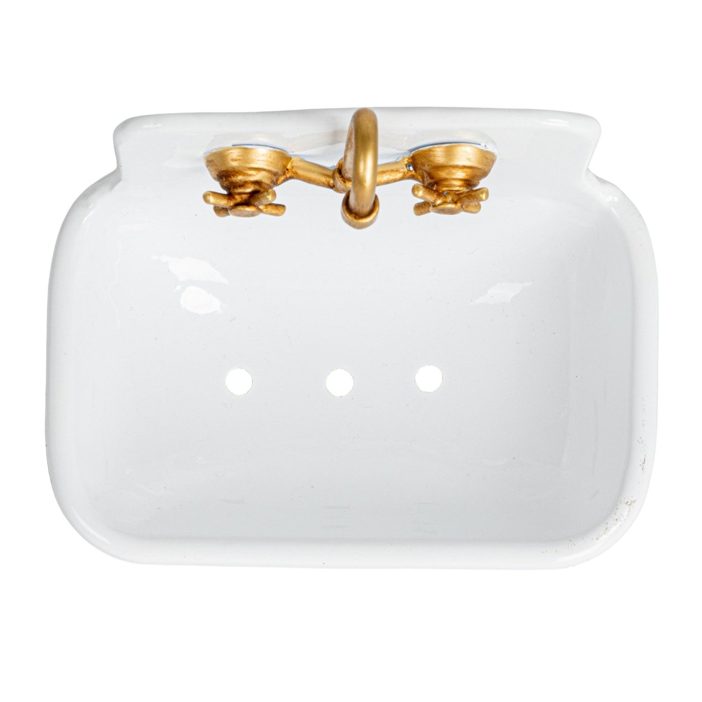 Metal sink soap dish, three drainage holes, two brass faucet handles on top; available in small and large sizes.